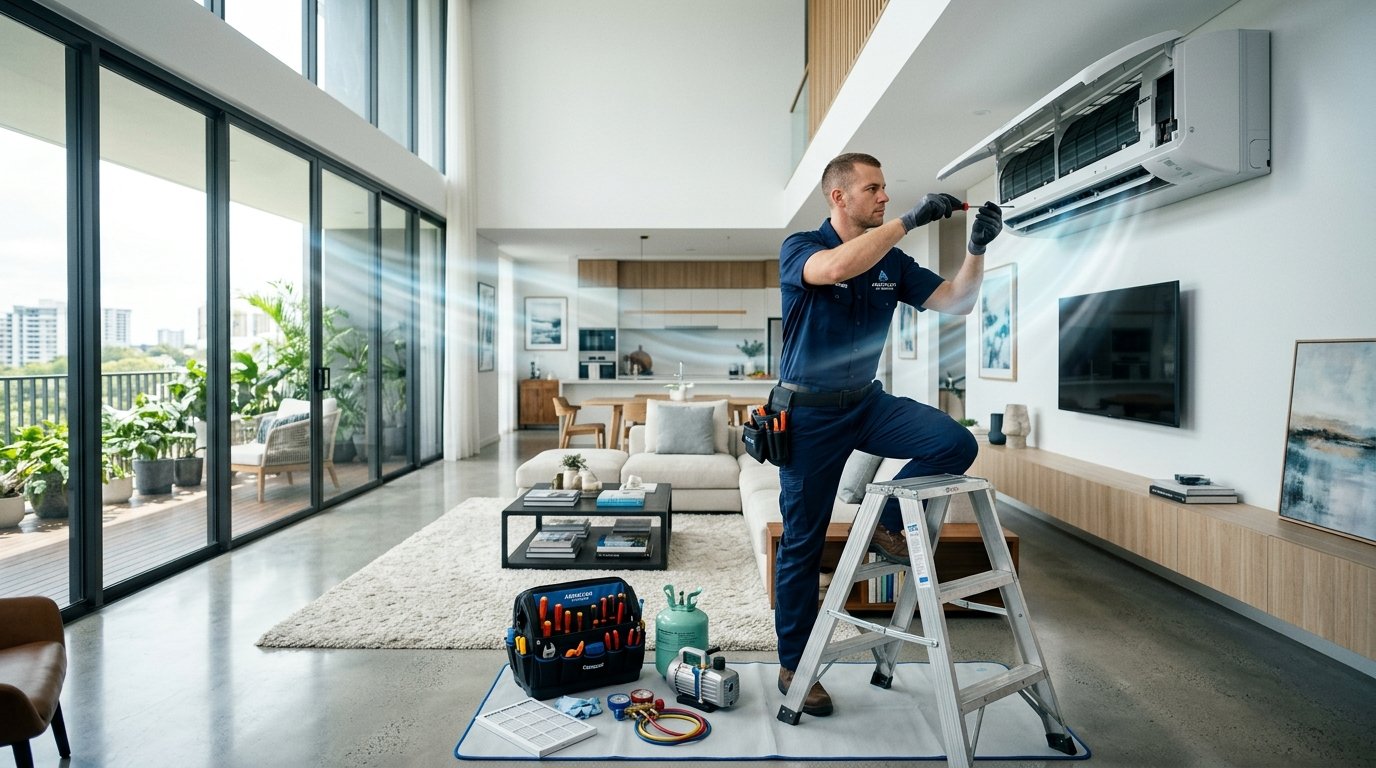 AC Technician Servicing Air Conditioner